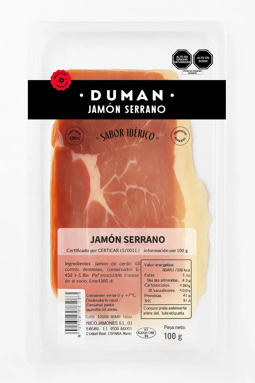 Jamón Serrano 100gr Duman: corte perfecto para consumo gourmet en cualquier momento