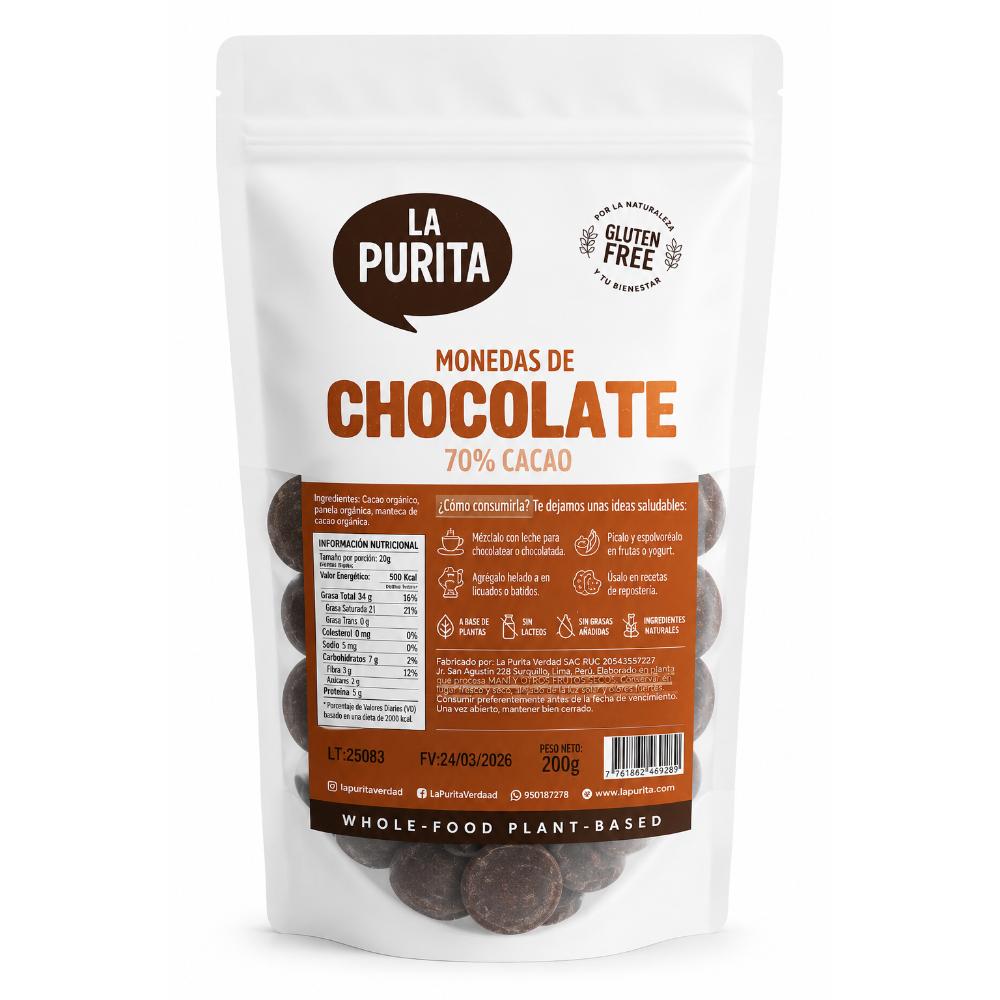 Monedas de Chocolate 70% 200 Gr. | La Purita